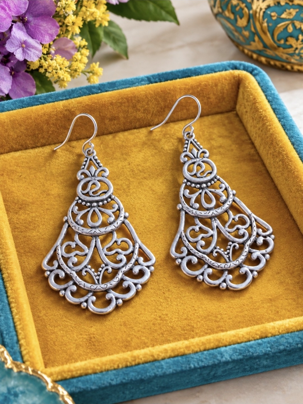 925 Sterling Silver Boho Filigree Teardrop Dangle Earrings